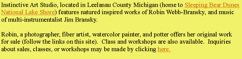 Text Box: Instinctive Art Studio, located in Leelanau County Michigan (home to Sleeping Bear Dunes National Lake Shore) features natured inspired works of Robin Webb-Bransky, and music of multi-instrumentalist Jim Bransky.  Robin, a photographer, fiber artist, watercolor painter, and potter offers her original work for sale (follow the links on this site).  Class and workshops are also available.  Inquiries about sales, classes, or workshops may be made by clicking here.